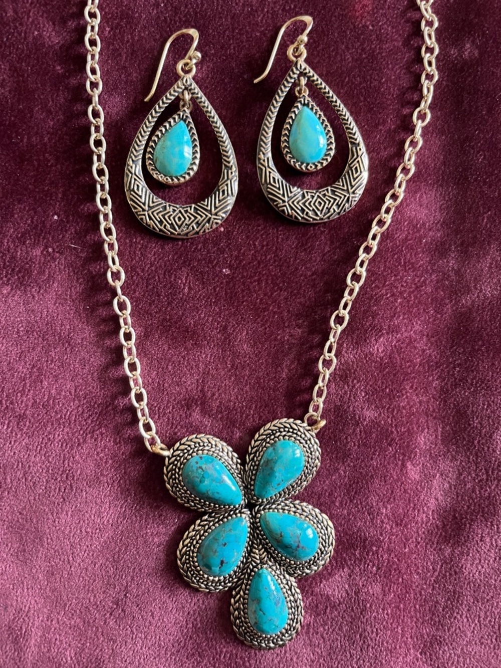 Barse Cactus Flower Turquoise Cluster Pendant Necklace and earrings